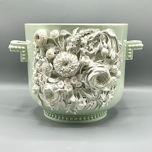 Victorian Celadon Porcelain Jardiniere, Rare Antique handmade encrusted flowers Cachepot with twin handles, H18.5 x W26  , Weight 2.1 kg