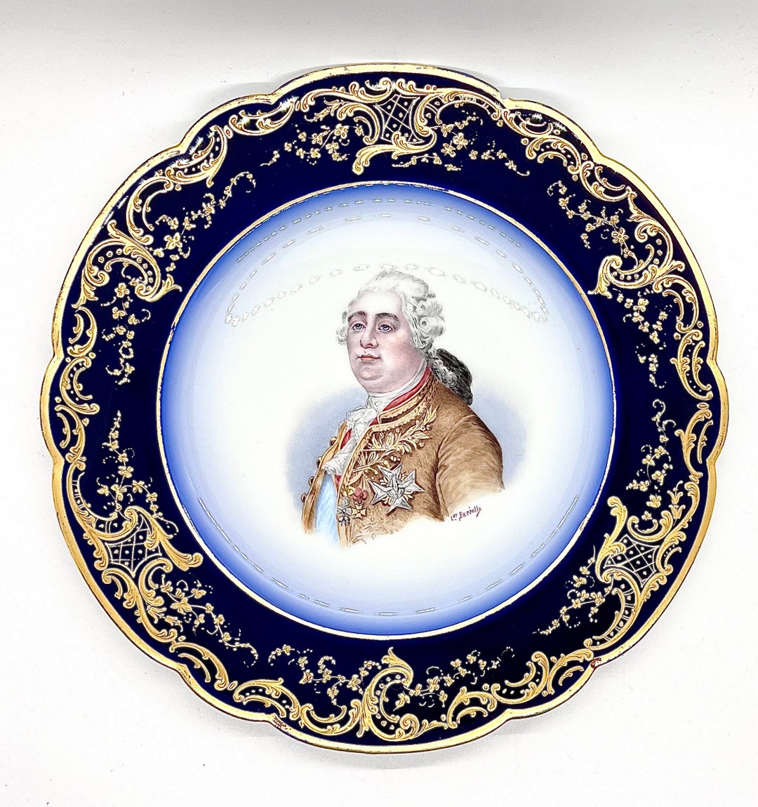Antique Sevres Style Portrait Plate, King Louis XVI Cobalt Blue
