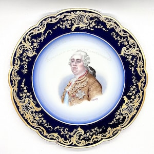 Sevres Porcelain Portrait Plate: King Louis XVI, Cobalt Blue & Gold, c1846