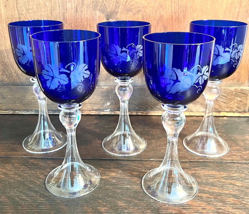VINTAGE WINE GLASSES 5 Rare Blue Crystal Glasses Hollow Etsy