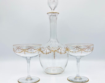Vintage Gilded Decanter & 2 Champagne coupe glasses, French baccarat style gilded and handblown toasting glasses, swag pattern Decanter set