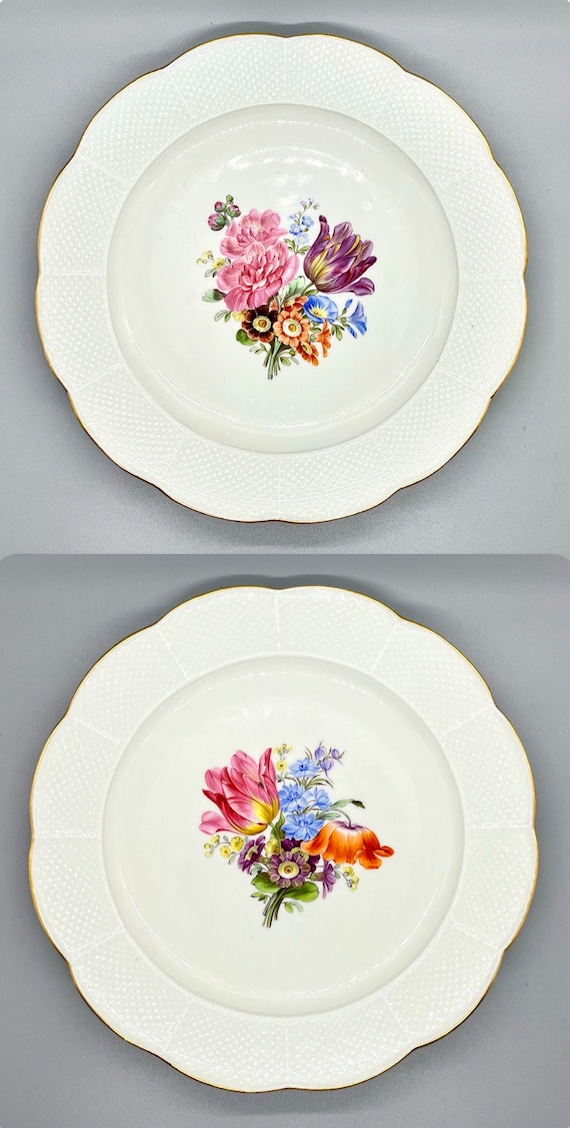Meissen Porcelain Floral Plates: Antique Hand-painted Dishes With