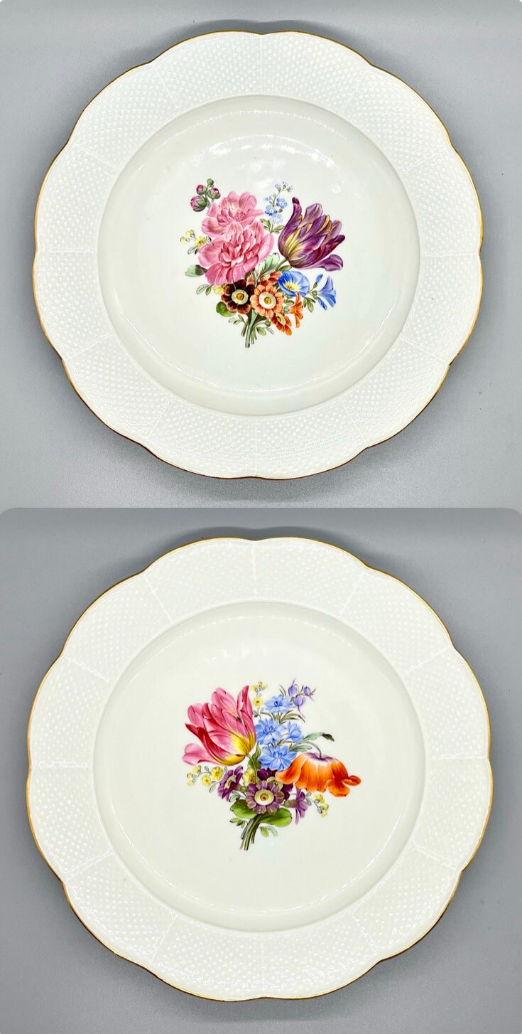 マイセン磁器製花柄皿2枚組：金彩縁取りのアンティーク手描き皿、1855