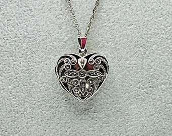 Ciondolo a forma di cuore in marcasite vintage: collana con ciondolo decorato in argento sterling