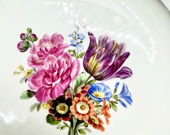 マイセン磁器製花柄皿2枚組：金彩縁取りのアンティーク手描き皿、1855