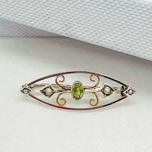 An antique Gold Brooch, 9CT gold Peridot seed pearl Edwardian Brooch, yellow and rose gold, ornamental & intricate, made in England