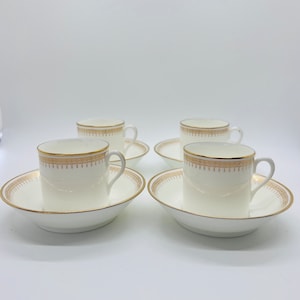 ANTIQUE CAULDON England Demitasse Coffee Cup and Saucer Set – Gold Band Fine Bone China, Edwardian 1904–1920, Set of 4