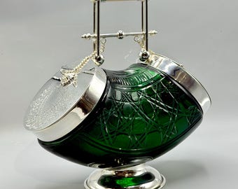 Biscuit Barrel, rare Emerald Green hobnail glass, silver Plate Biscuit Box by James Deakin & Sons Sheffield 2.6KG Wedding Centrepiece