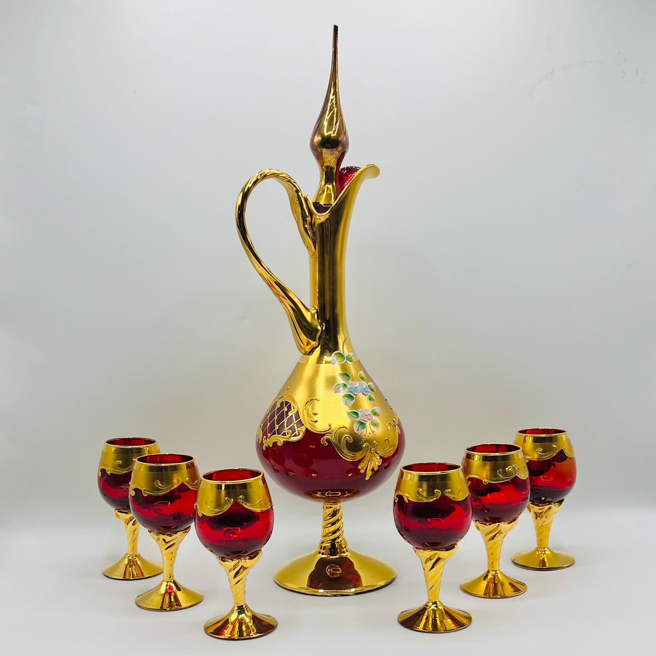 Murano Decanter Set: Ruby Red Liquor Glasses, 24k Gold Enamel