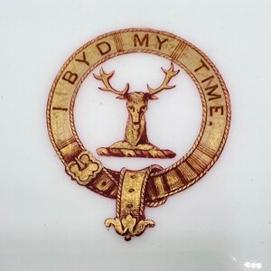 May include: A gold and red crest with a stag and the text "I BYD MY TIME."