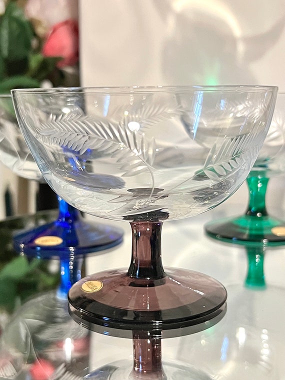 VINTAGE CHAMPAGNE COUPE Glasses 3 Handblown Colored Etched Glass