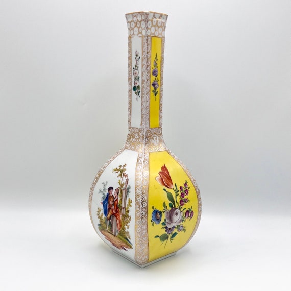 アンティークドレスデン磁器花瓶、手描きの陶器花瓶、19世紀