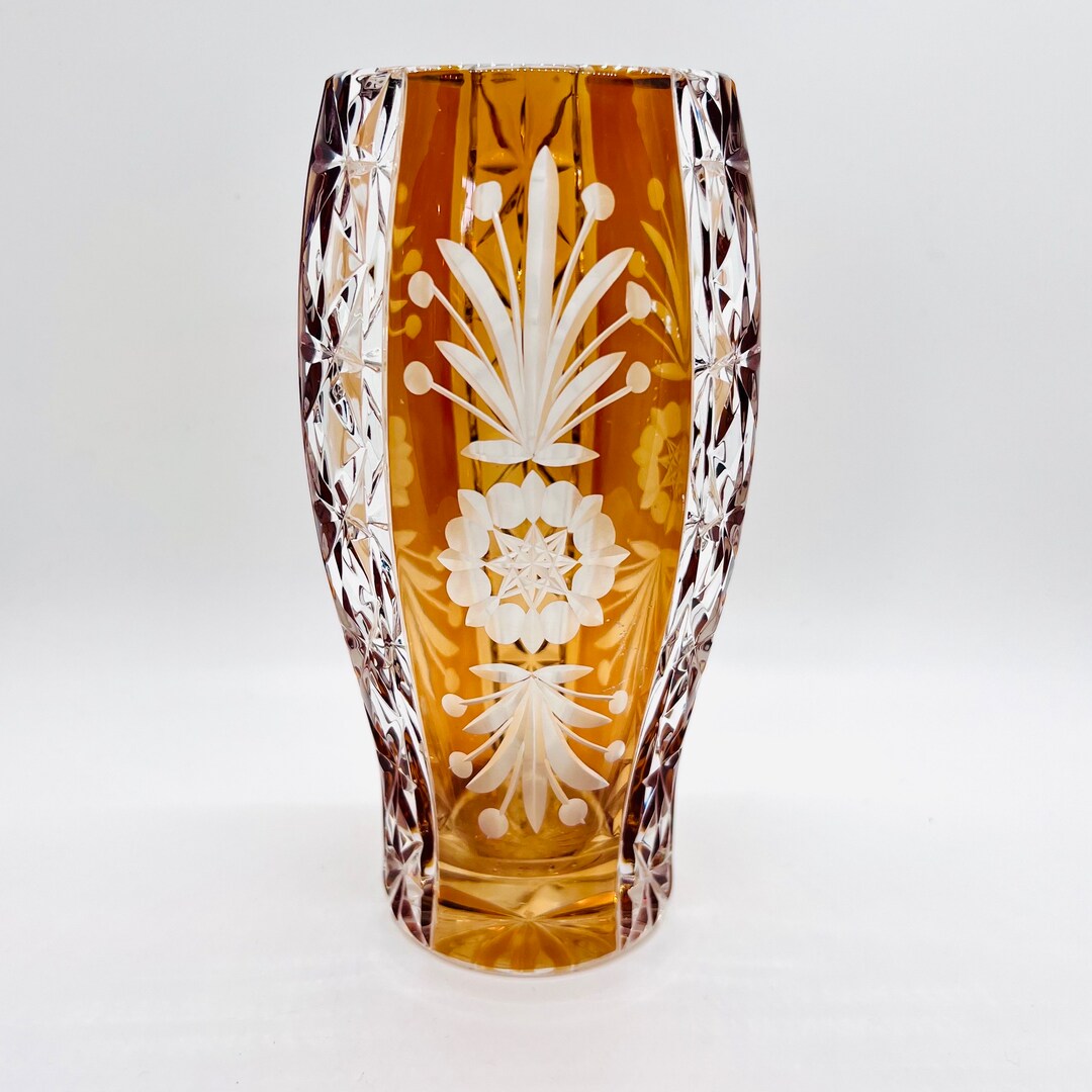 Bohemian Crystal Vase, Vintage Amber Glass Cut in Clear & Flower Etched