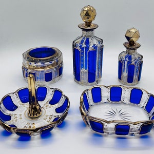 MOSER GLASS Antique Bohemian Crystal Dressing Table Set, Rare Antique vanity set, 5 pcs, 2 Parfume bottles, ring dish, jewerly dish & pot