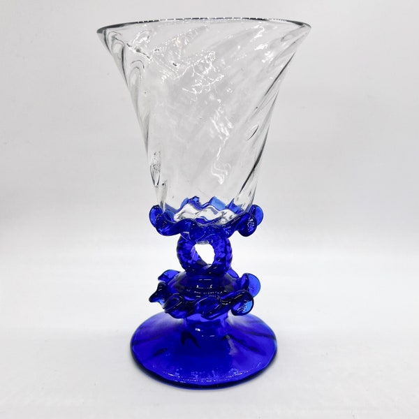 Vintage Blue swirl glass, Murano style glass, Hand Blown Wine Goblet, rare wine glass -