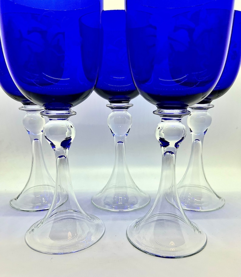 VINTAGE WINE GLASSES 5 Rare Blue Crystal Glasses Hollow Etsy