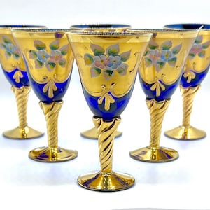 MURANO GLASSES | 6 Vintage Sherry Glass | Blue Murano Glass | Vintage Murano Salvadori Tre Fuochi Blue crystal | 24k Gold Leaf Enamel Flower