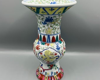 Antique Doucai-Style Chinese Porcelain Gu Vase – Famille Verte Revival – Dragons & Phoenix – late 19th Century Height 23.5 cm