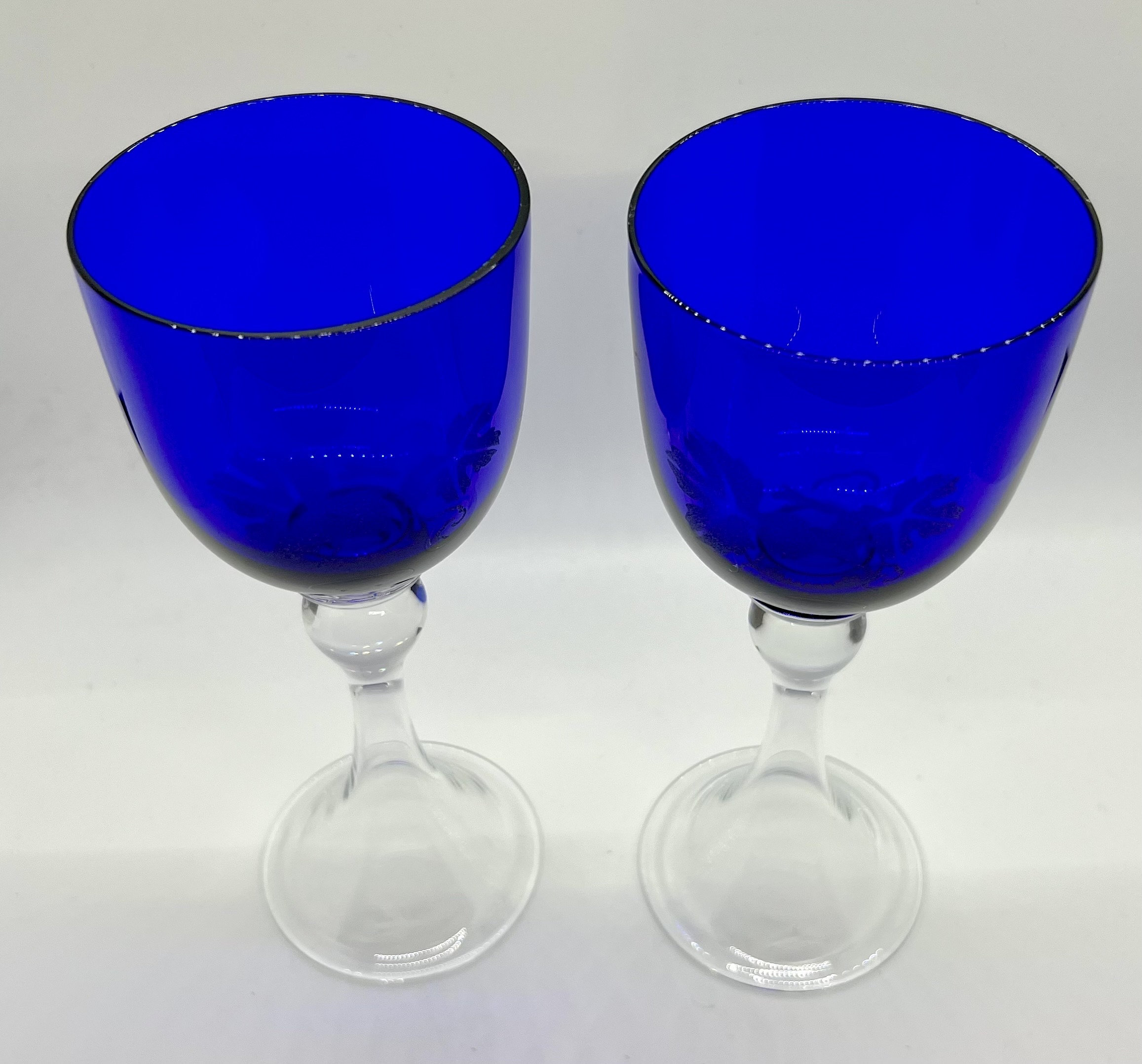 Vintage Pair Cobalt Blue Etched Wine Glasses Open Trumpet Base & Hollow ...