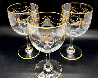 Antique Baccarat XVI Gilded Cocktail Glasses: Set of 3 Swag