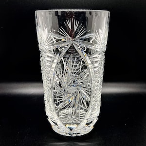 VINTAGE CRYSTAL VASE, Bohemian Cut Crystal vase, Mid sized thick Lead Crystal sleeve vase, Pinwheel, fan cut Personalised decor