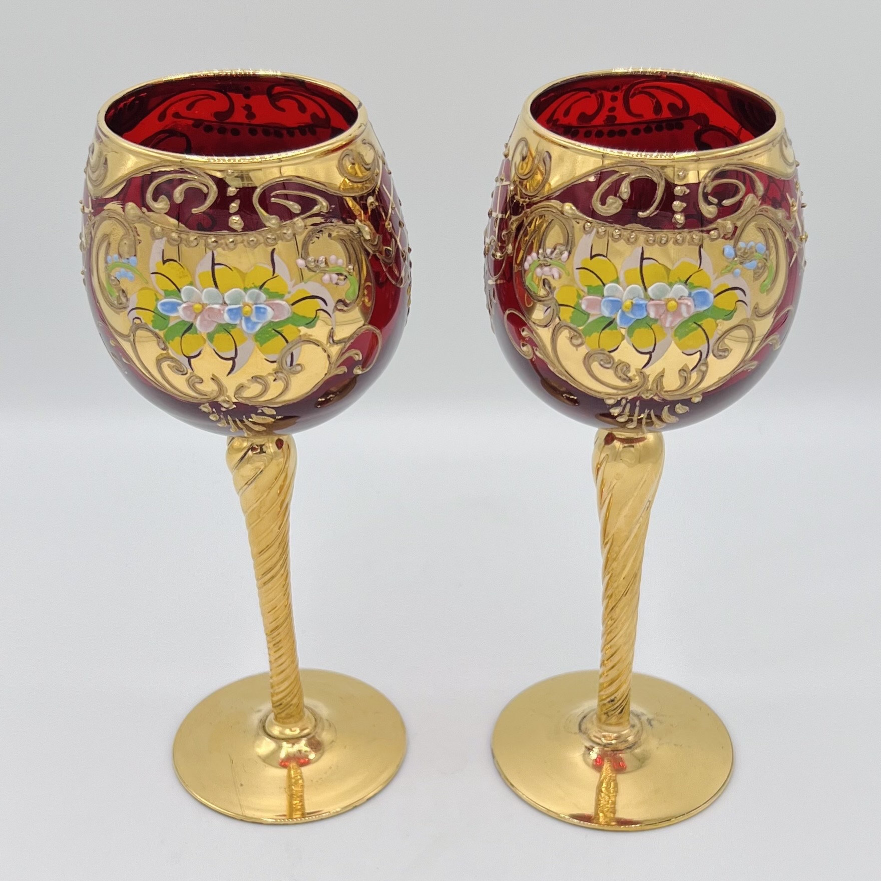 Vintage Murano Wine Glasses: Red & 24k Gold Enamel Flowers, Set of