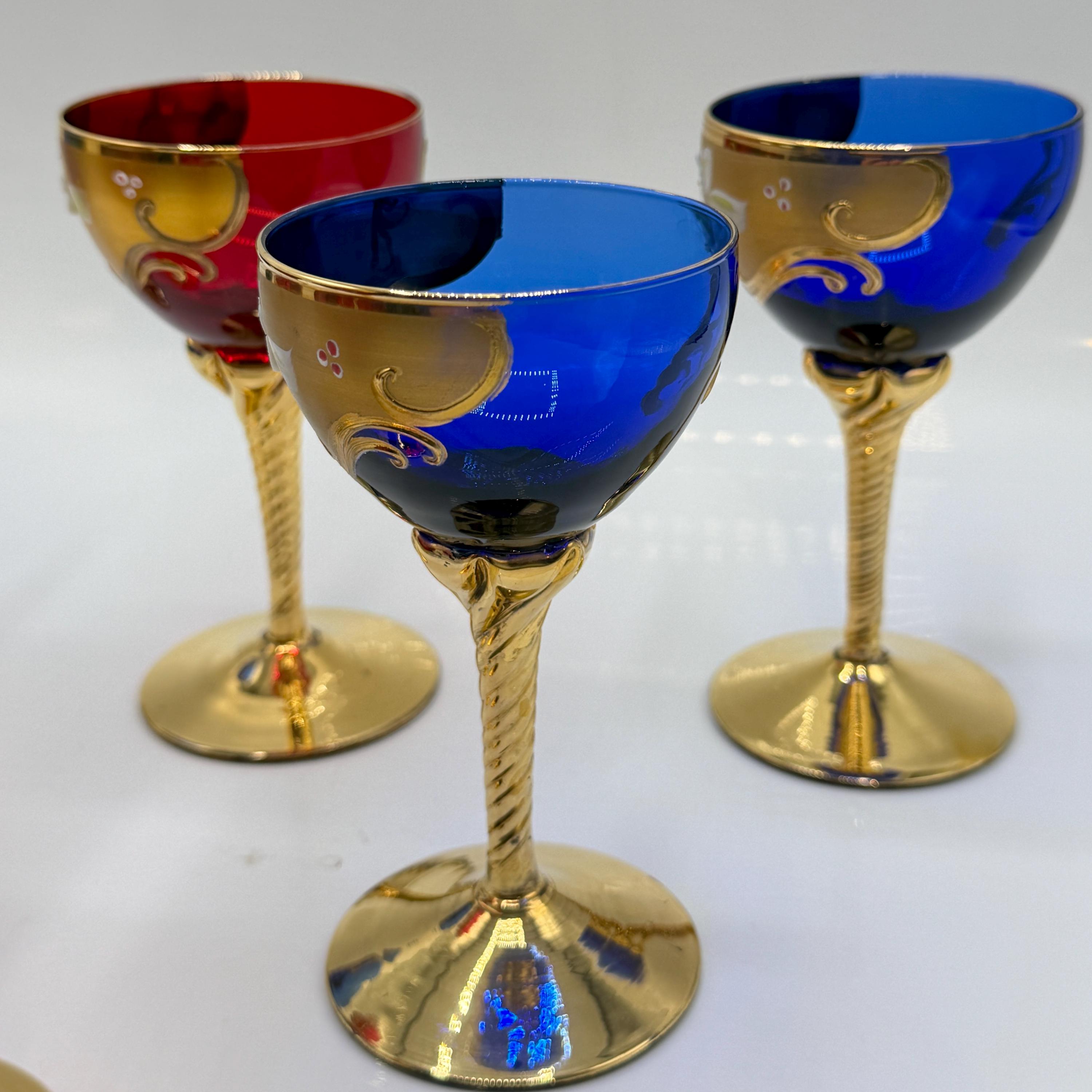 Set of 6 Murano Style Coupe Glasses, Hand-painted Flowers, 24k