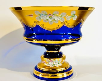 Murano Glass Bowl: Salvadori Tre Fuochi, 24k Gold Leaf & Enamel Flowers