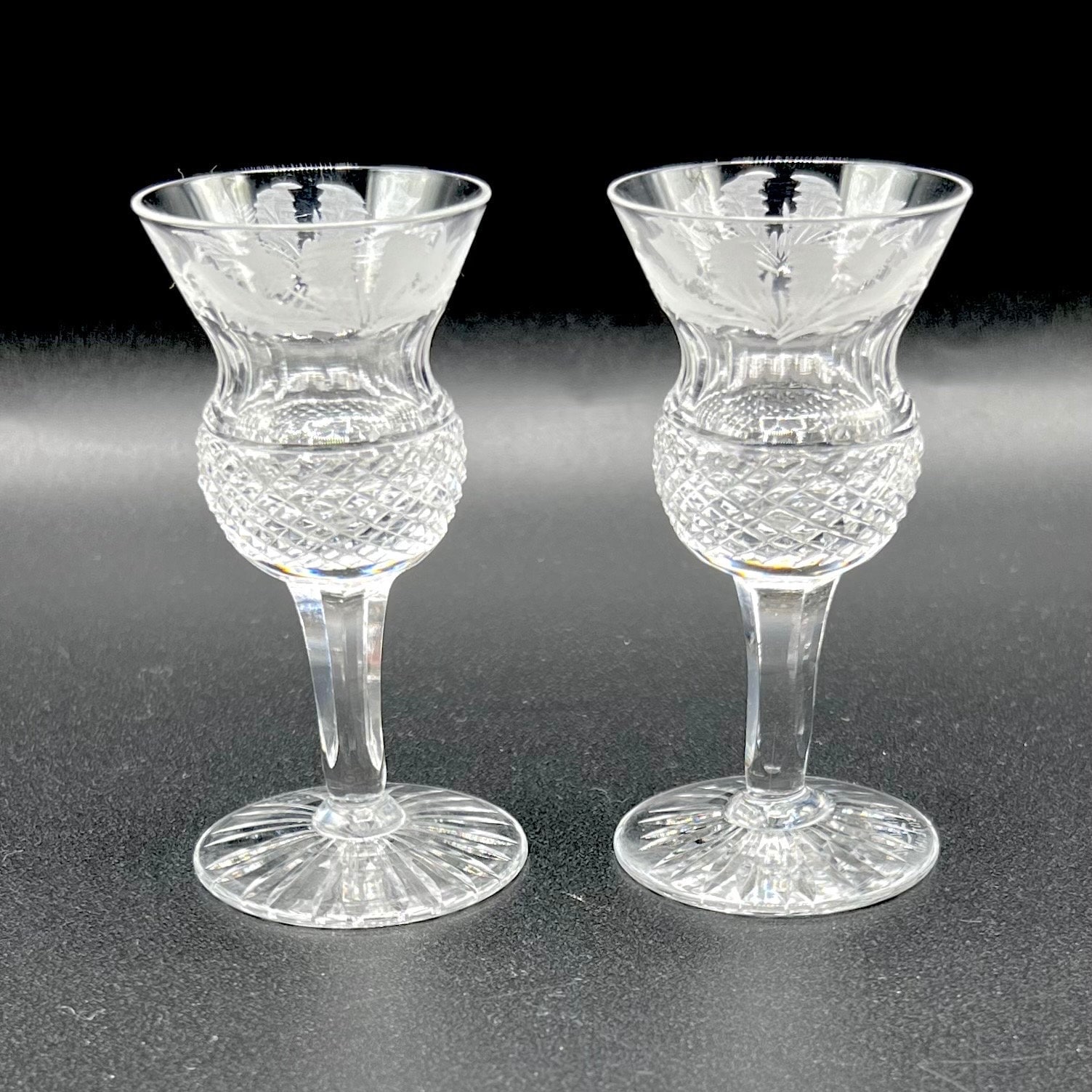 Pair of Edinburgh Crystal Brandy Glasses, Thistle Pattern