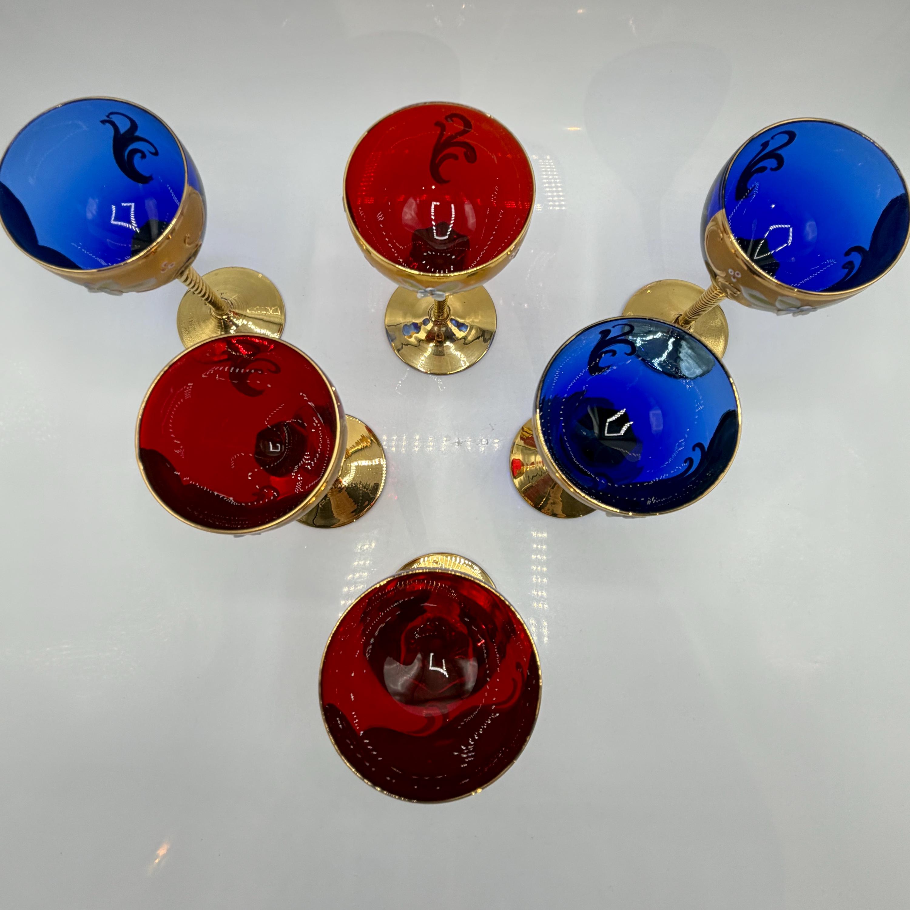 Set of 6 Murano Style Coupe Glasses, Hand-painted Flowers, 24k