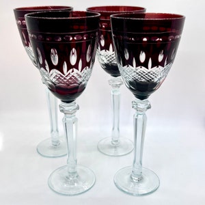 Vintage Bohemian Wine Glasses: Maroon Cut-to-Clear Crystal, 22cm