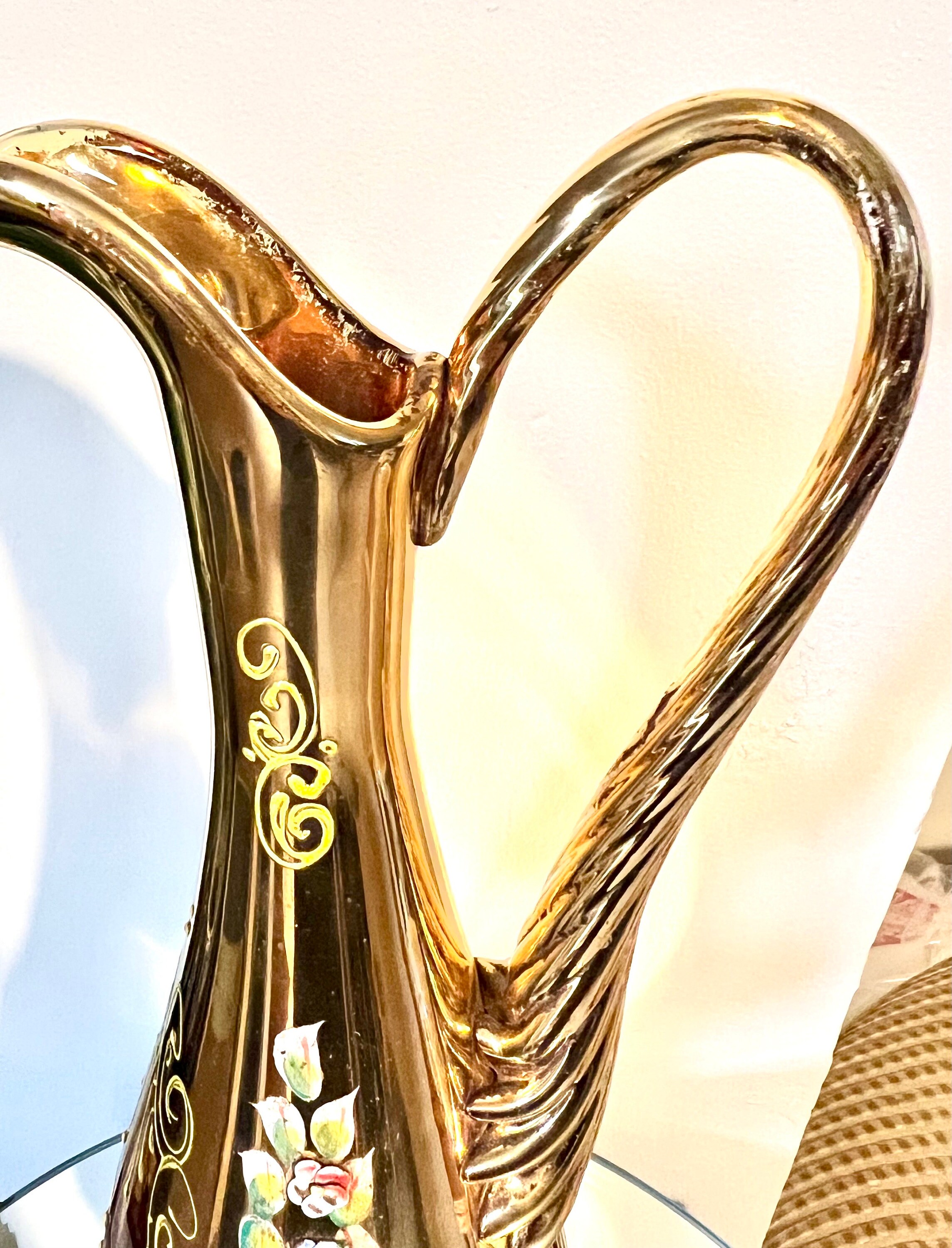 Vintage Murano Glass Pitcher: Amber Glass Jug With 24k Gold Leaf