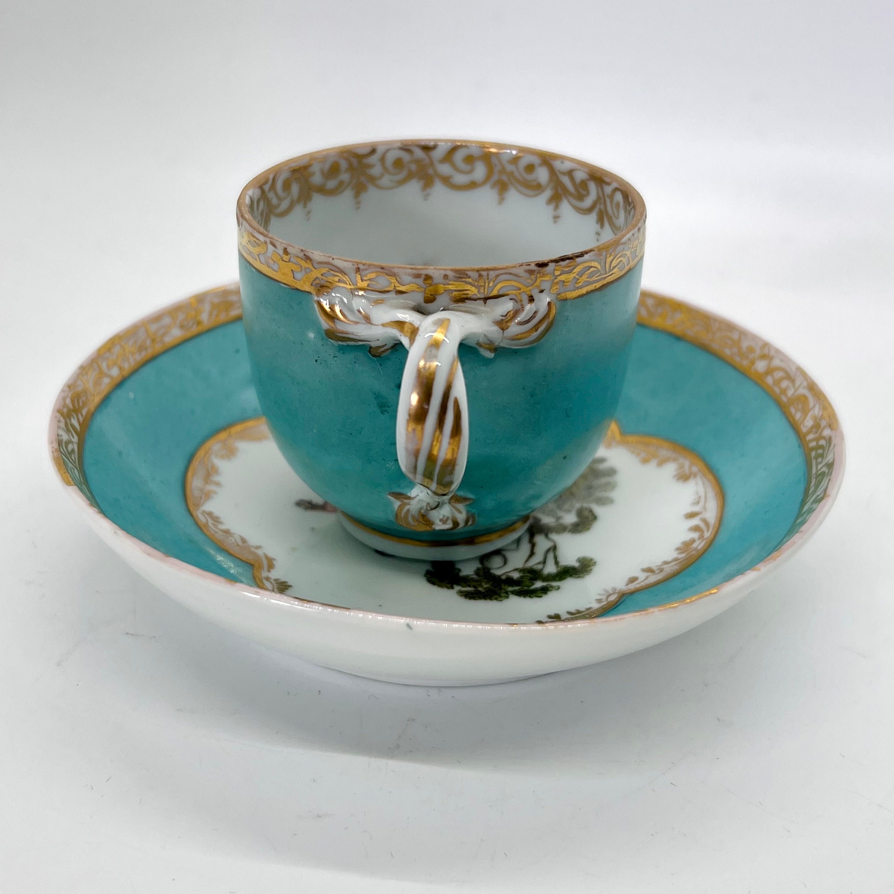 Antique Meissen Cup & Saucer: Handpainted Watteau Scene, Gilded