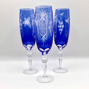 Vintage Bohemian Blue Etched Champagne Flutes - Set of 3