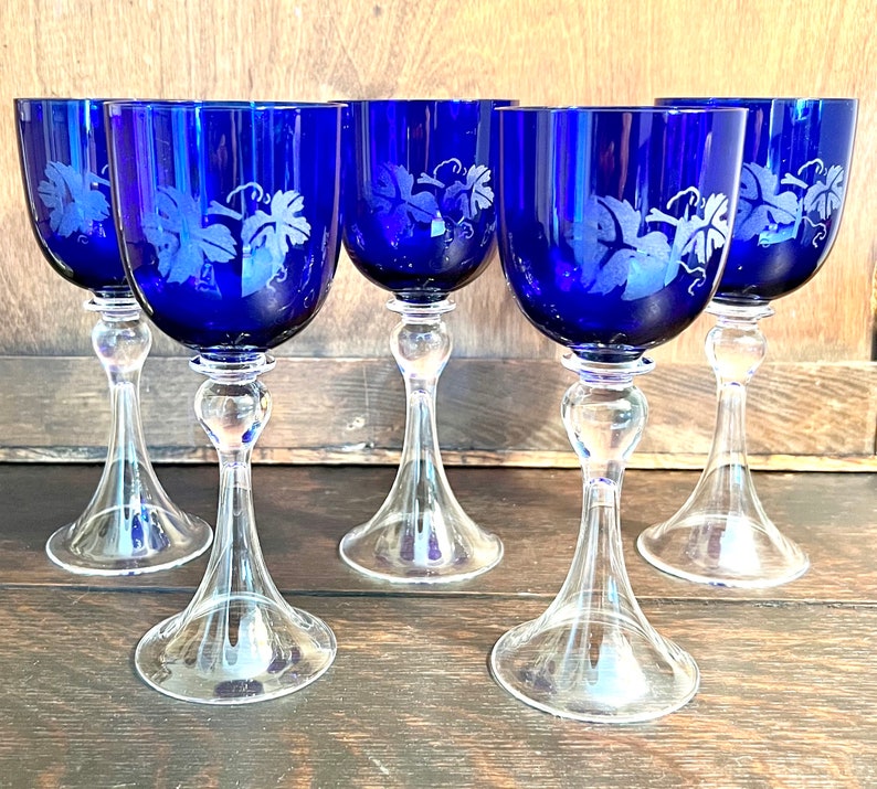 VINTAGE WINE GLASSES 5 Rare Blue Crystal Glasses Hollow Etsy