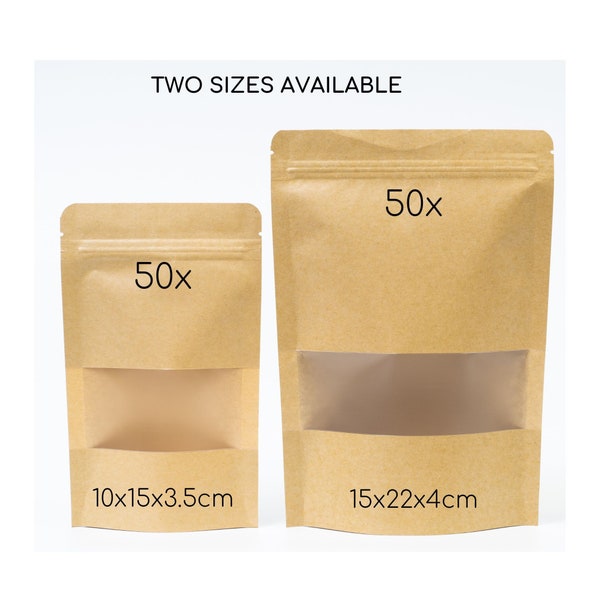 50 Pcs Kraft Stand Up Barrier Packaging Pouches, Zip Lock Bags, Heat-Sealable, Tear Notch, Gusseted Flat Bottom, Frosted Window