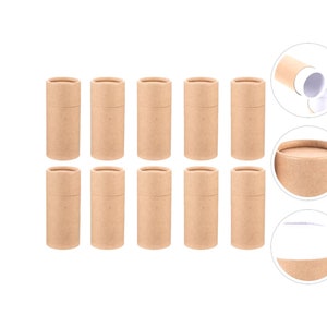 May include: Ten brown cardboard tubes with white plastic lids. The tubes are arranged in two rows of five. The tubes are empty and ready to be filled with products.