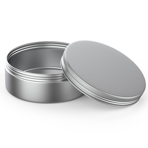 May include: A silver metal container with a lid. The container is round and has a smooth surface. The lid is slightly domed and has a ridged edge.