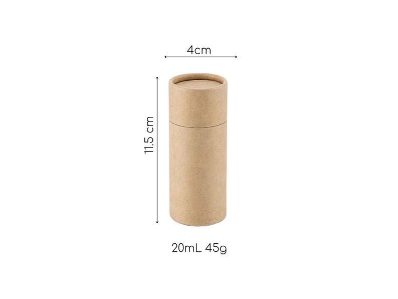 May include: A brown cardboard tube with a diameter of 4 cm and a height of 11.5 cm. The tube is labelled with "20mL 45g".