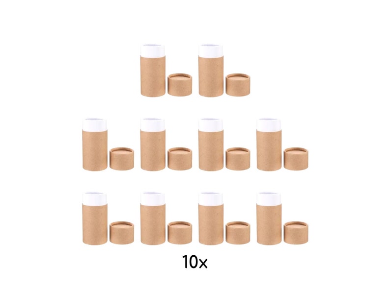 May include: Ten brown cardboard tubes with white tops. The tubes are arranged in three rows, with four tubes in the top row, three in the middle row, and three in the bottom row. The tubes are all the same size and shape. The text "10x" is printed below the tubes.