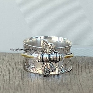 Anillo giratorio de abeja, plata de ley 925, anillo giratorio de abeja, anillo de amistad, anillo hecho a mano, anillo de concentración, anillo de preocupación, anillo de meditación.