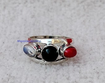 Multi gemstone Ring, Moonstone, Black Onyx ,Red Coral Ring ,925Sterling Silver Ring, Statement Ring, Wedding gift for her, Handmade Jewelry.