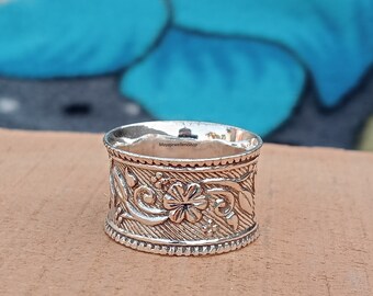 Handmade Sterling Silver Wide Band Ring: Floral Thumb Ring