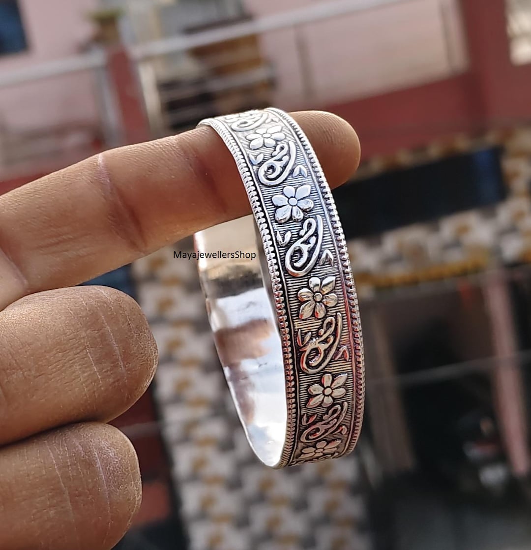 Oxidized Sterling Silver Floral Bangle: Handmade Stacking Bracelet