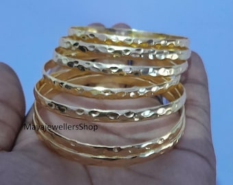 Hammered Gold Plated Bangle Set: Handmade Stacking Bracelets