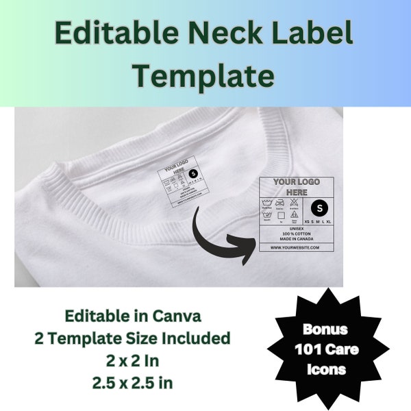 Editable Neck Label Template | Tagless Label Clothes | Wash Label Svg |  Custom Clothing Tag | Garment Care Tag | Washing Instruction
