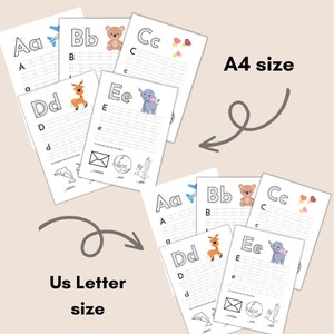 May include: Five printable worksheets for learning the alphabet. Each worksheet features a letter, a picture, and lines for tracing the letter. The worksheets are designed for A4 size paper.