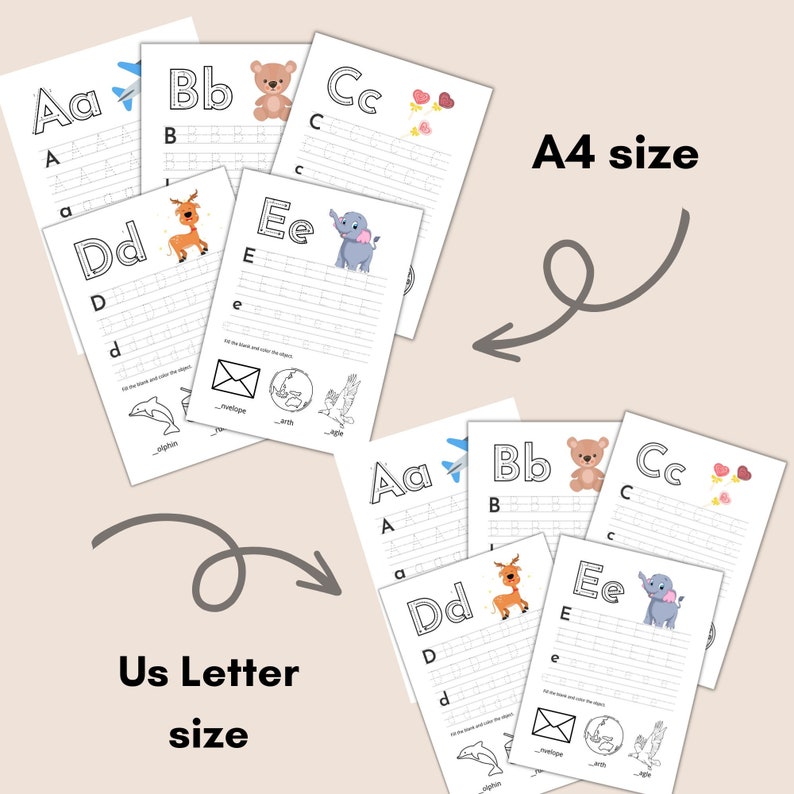 May include: Five printable worksheets for learning the alphabet. Each worksheet features a letter, a picture, and lines for tracing the letter. The worksheets are designed for A4 size paper.