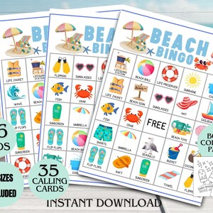 ビーチビンゴ、夏のビーチビンゴゲーム、ビーチアクティビティ、太陽の下で楽しむビンゴ、印刷可能なゲーム、子供向け印刷ビンゴ、子供向けサマータイム