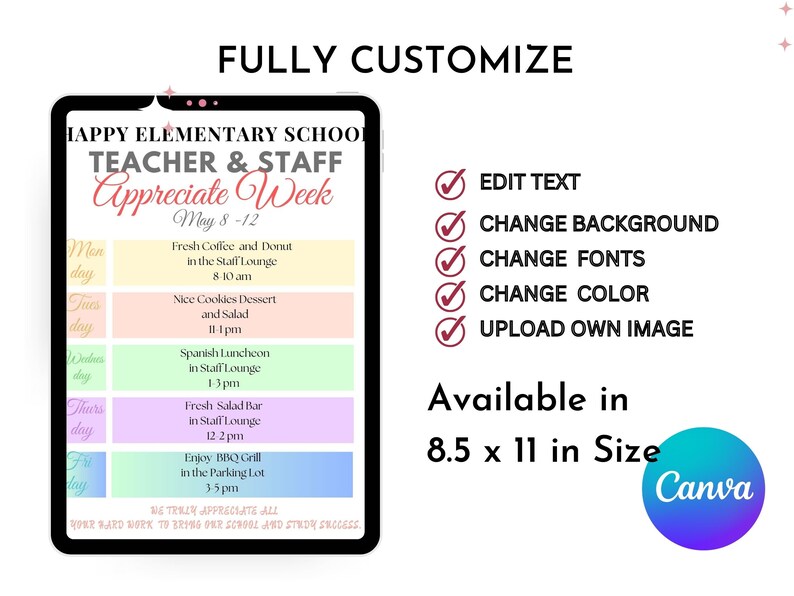 Teacher Appreciation Week Schedule Template | Teacher and Staff ...
